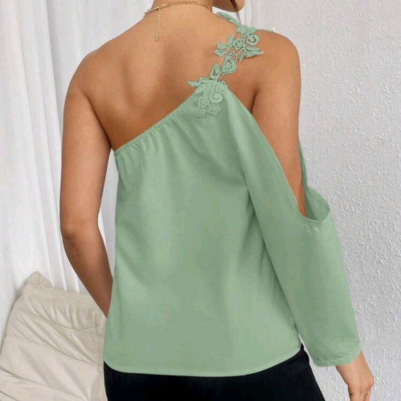 SHEIN Privé Guipure Lace Appliques One Shoulder Lantern Sleeve Solid Blouse - Picture 6 of 6